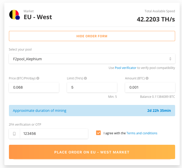 Alephium NiceHash order setup example