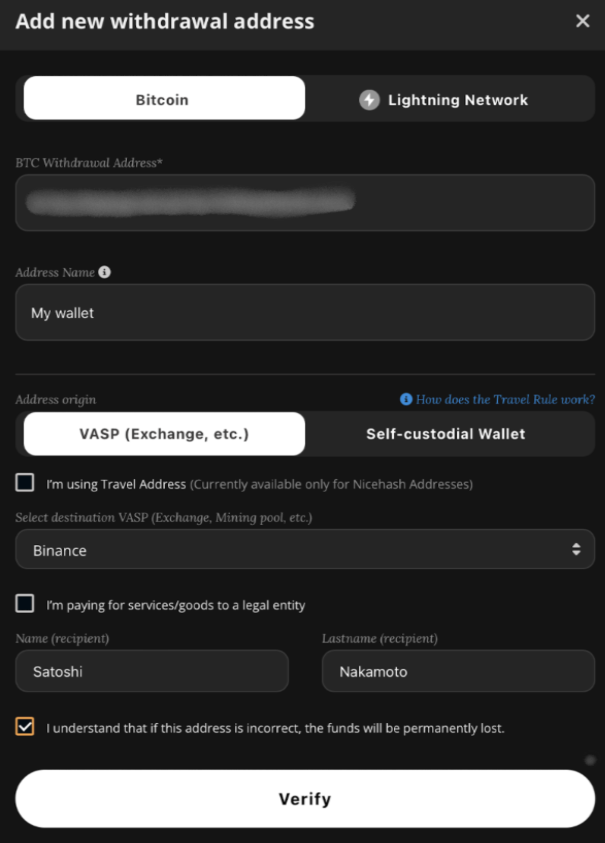 Wie man eine Wallet ohne eine Travel-Adresse verifiziert? | NiceHash
