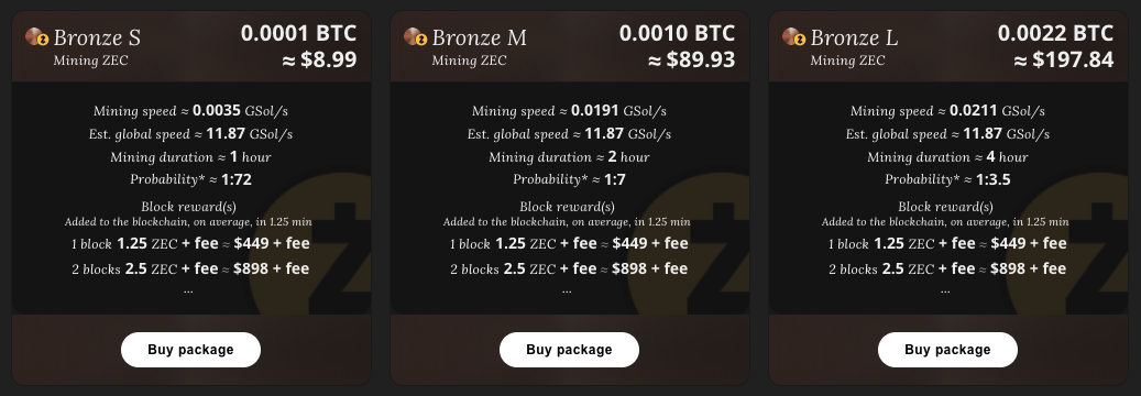Bronze packages to mine Zcash