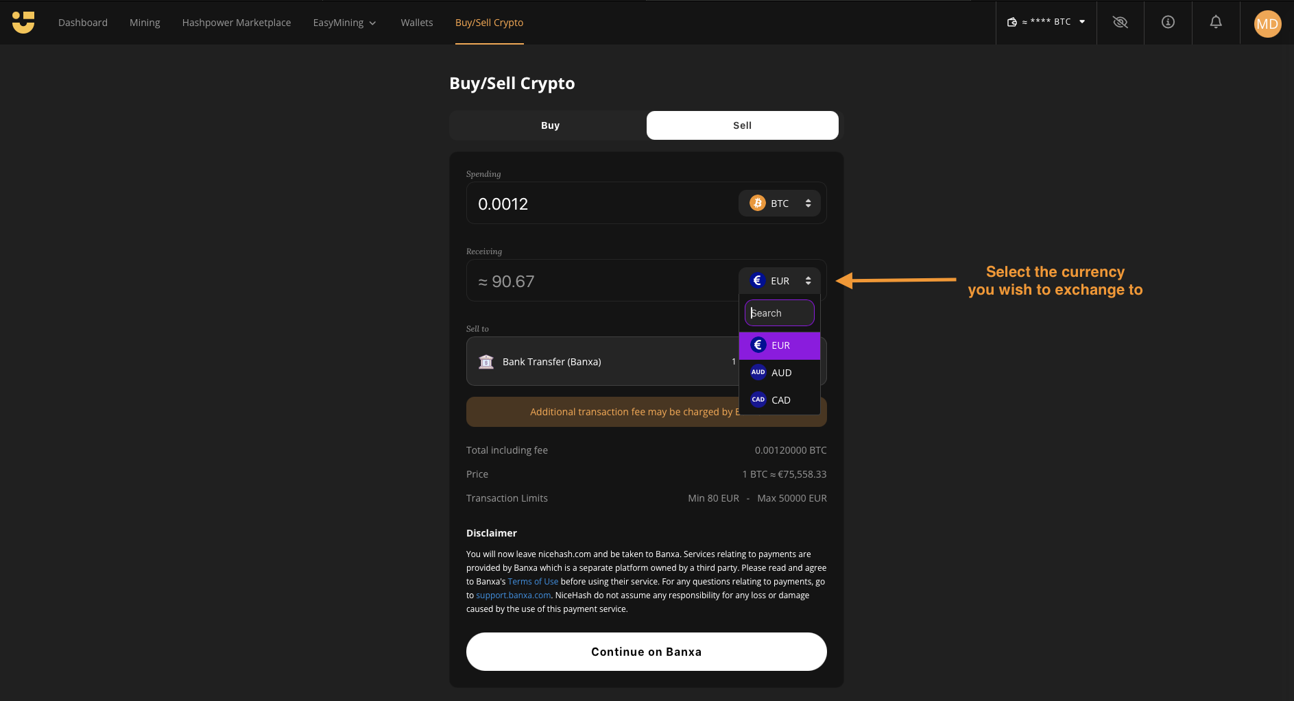 Banxaでビットコインを法定通貨に交換するには | NiceHash