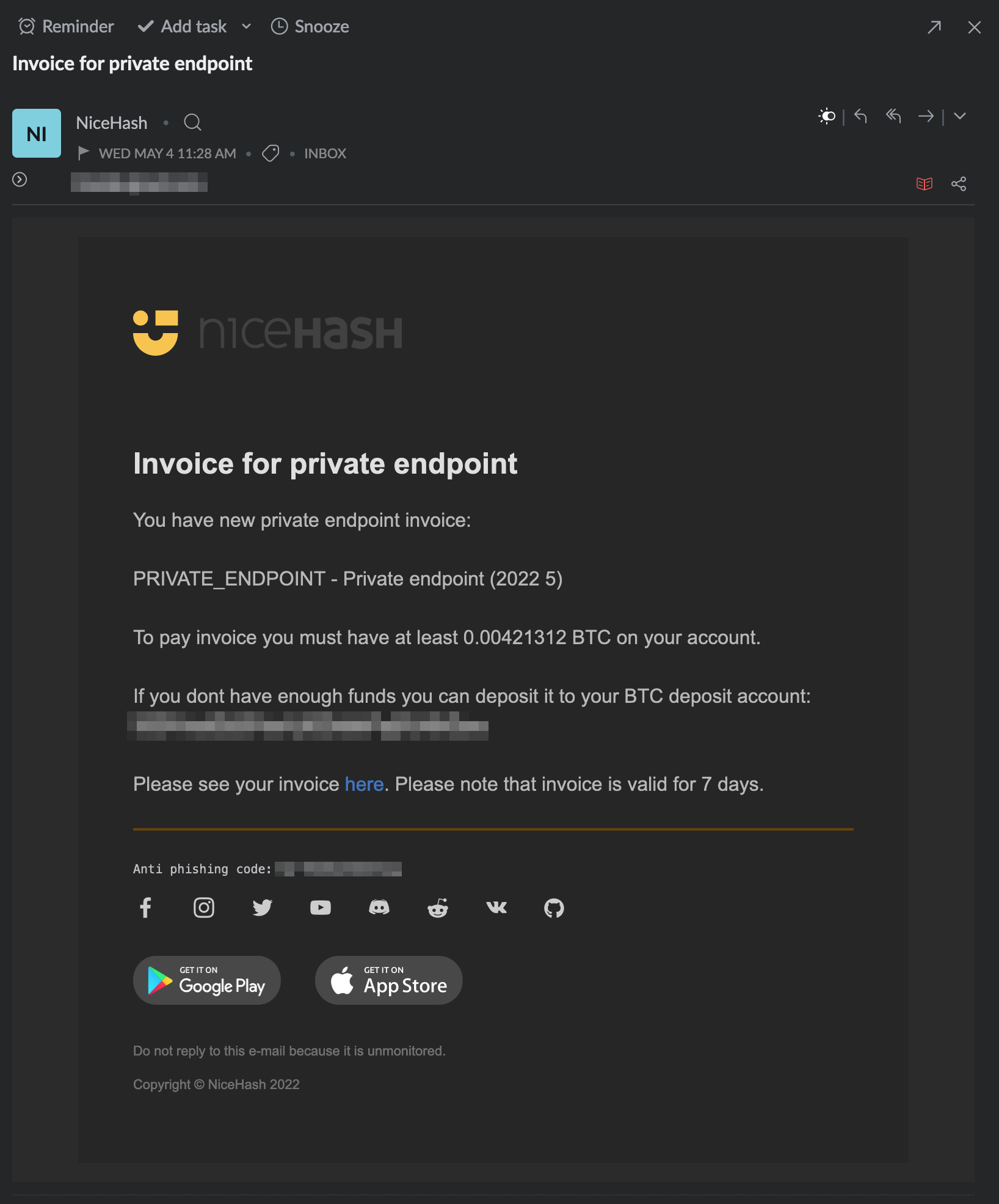 プライベートエンドポイント請求書 | NiceHash