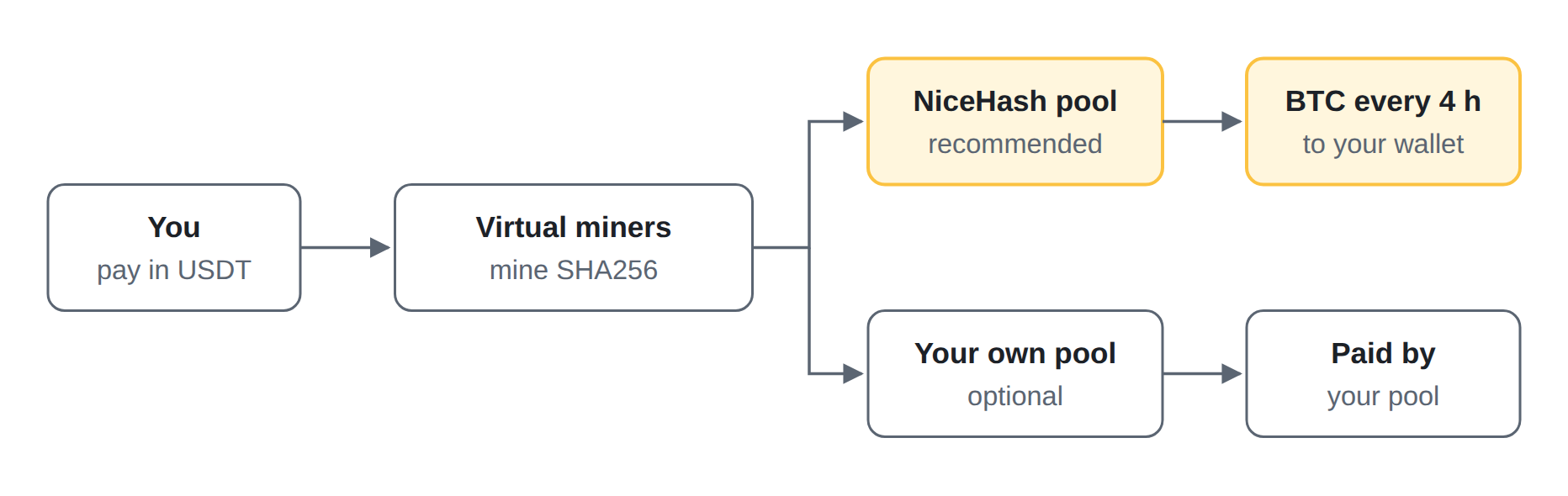 You pay USDT, virtual miners mine SHA256, earnings come from the NiceHash pool every 4 hours or from your own pool.