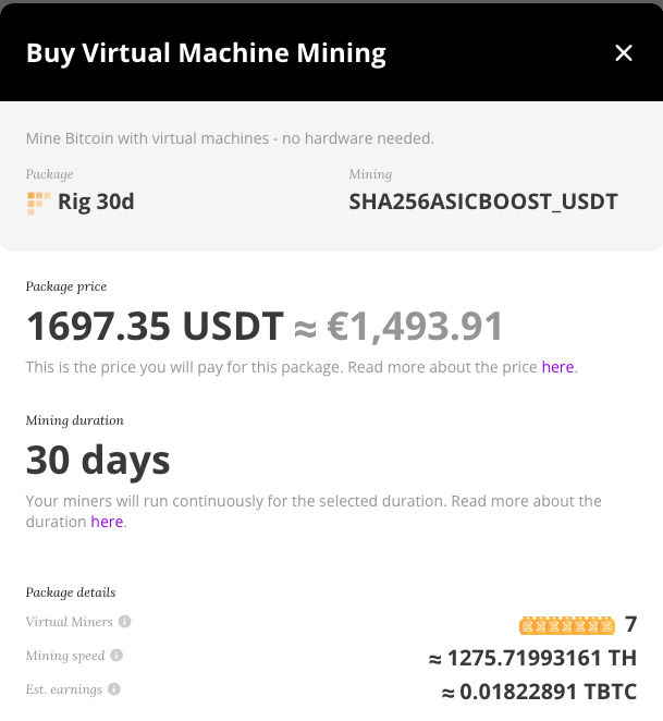 Fixed package Rig 30d: package price, 30-day mining duration, 7 virtual miners, mining speed and estimated earnings
