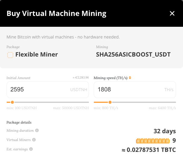 Flexible Miner: initial amount and mining speed fields with sliders, calculated mining duration, virtual miners and estimated earnings