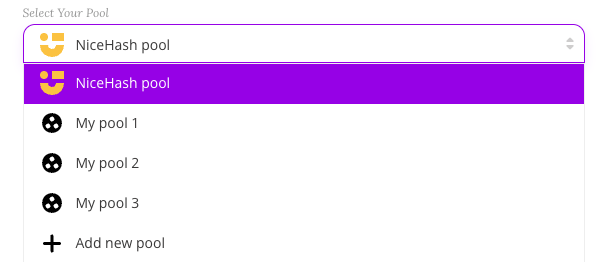 Select Your Pool list with NiceHash pool, saved pools and Add new pool