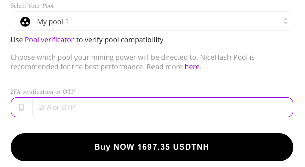 Own pool selected, with the Pool verificator link, the 2FA or OTP field and the Buy NOW button