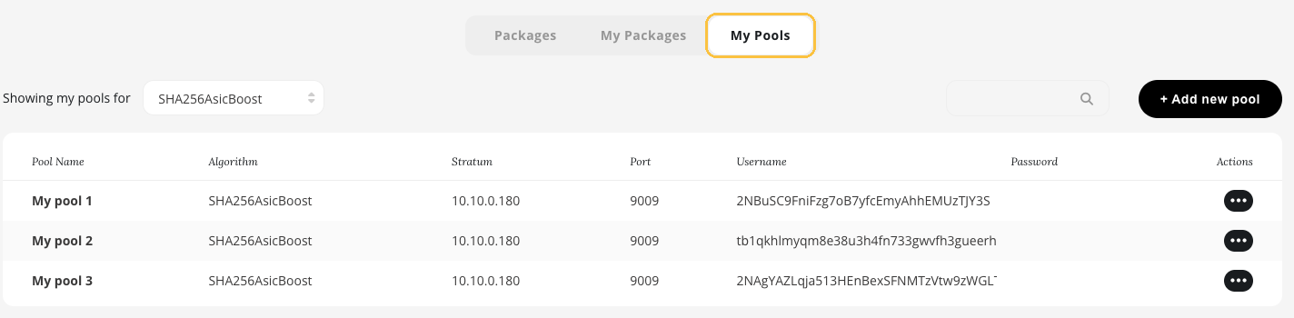 My Pools tab listing three saved SHA256AsicBoost pools with stratum, port and username, an Add new pool button and an Actions menu for each pool