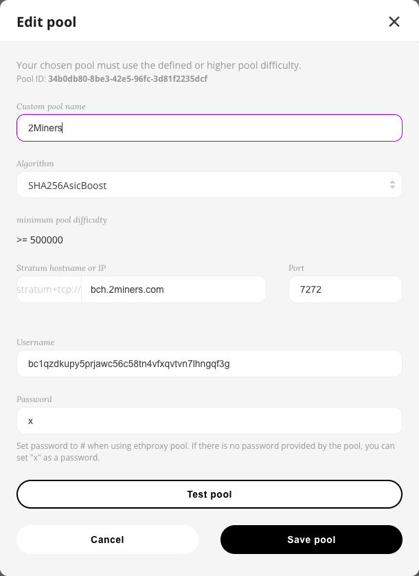 Edit pool window with pool name, algorithm, minimum pool difficulty, stratum hostname and port, username, password, and the Test pool and Save pool buttons
