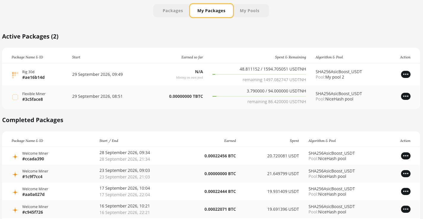 My Packages tab with two active packages, one on your own pool and one on the NiceHash pool, and a list of completed packages