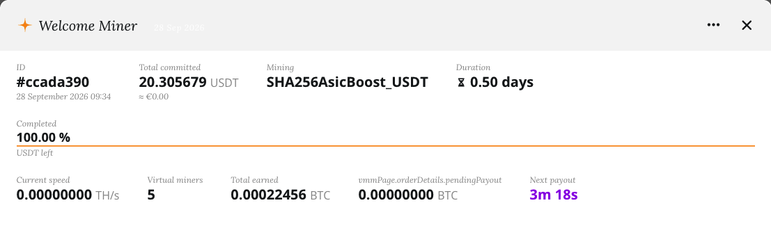 Package overview with ID, total committed, algorithm, duration, completion bar, current speed, virtual miners, total earned, pending payout and next payout