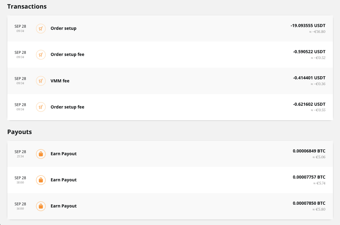 Transactions with order setup and fee entries in USDT, and Payouts with three Earn Payout entries in BTC