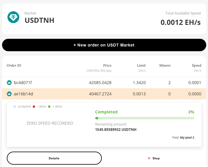 USDT market order list with your package highlighted and expanded, showing completion, remaining amount and pool