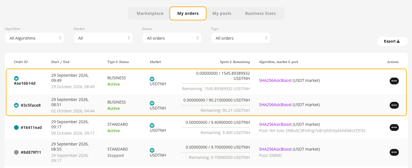 Hashrate Marketplace My orders tab with two Virtual Machine Mining packages outlined, listed as type BUSINESS, above two standard orders