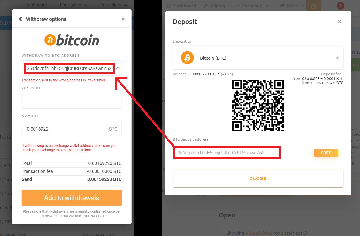 depositing btc from the nicehash exe to nicehash wallet